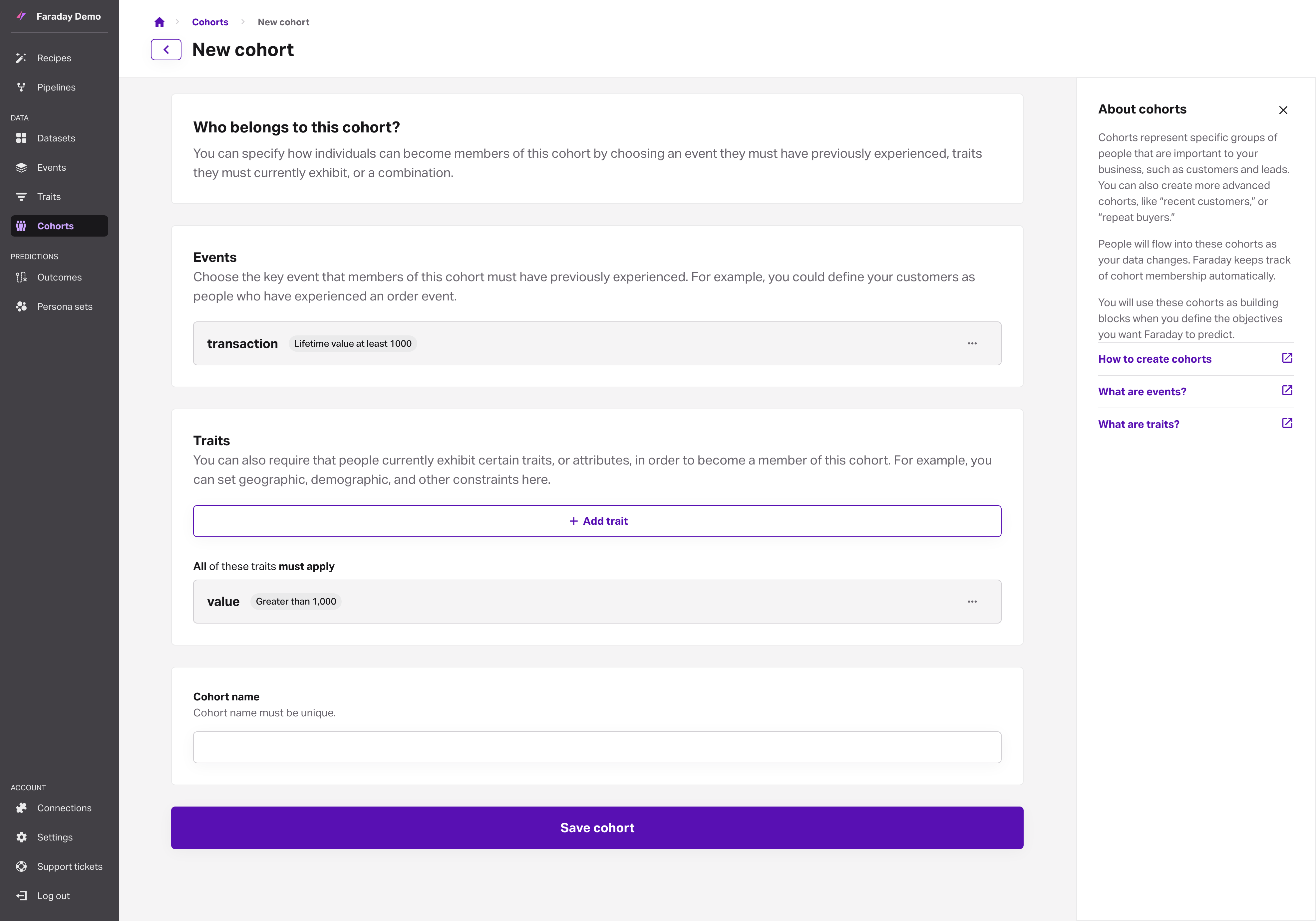 Screenshot of the new cohort form filled out
