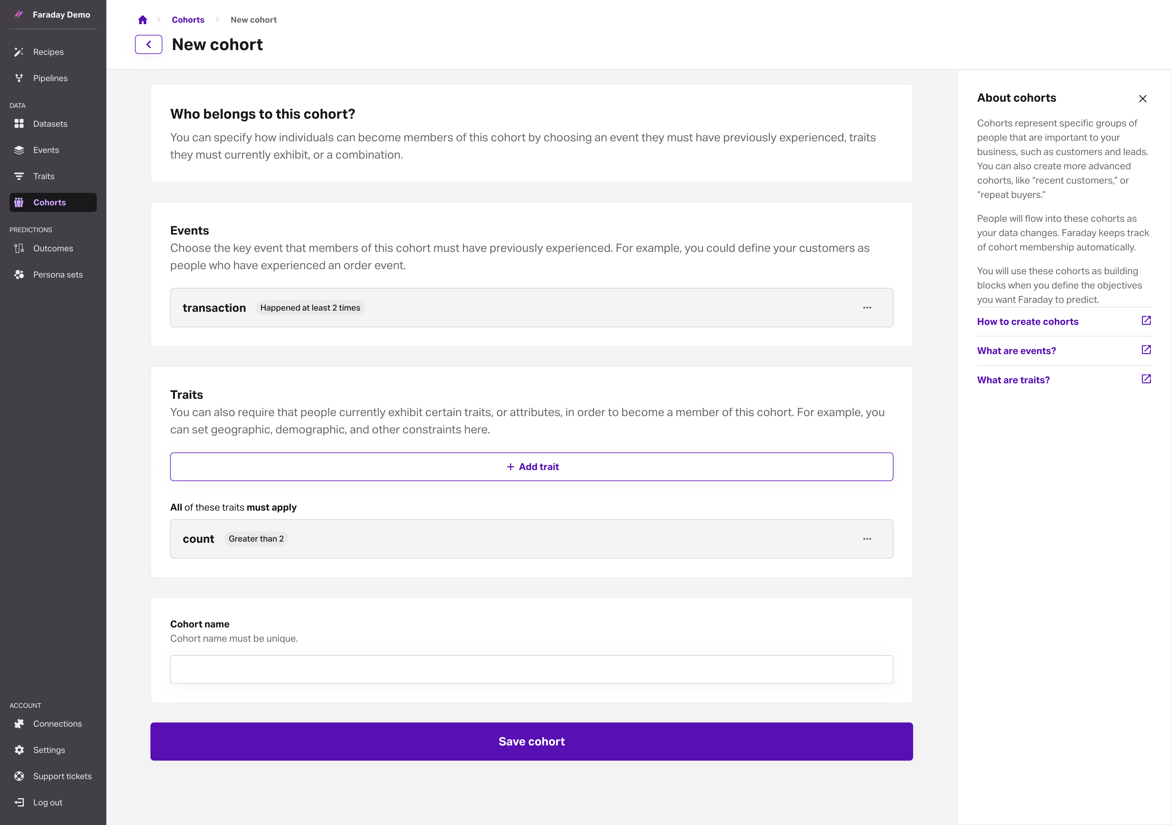 Screenshot of the new cohort form filled out