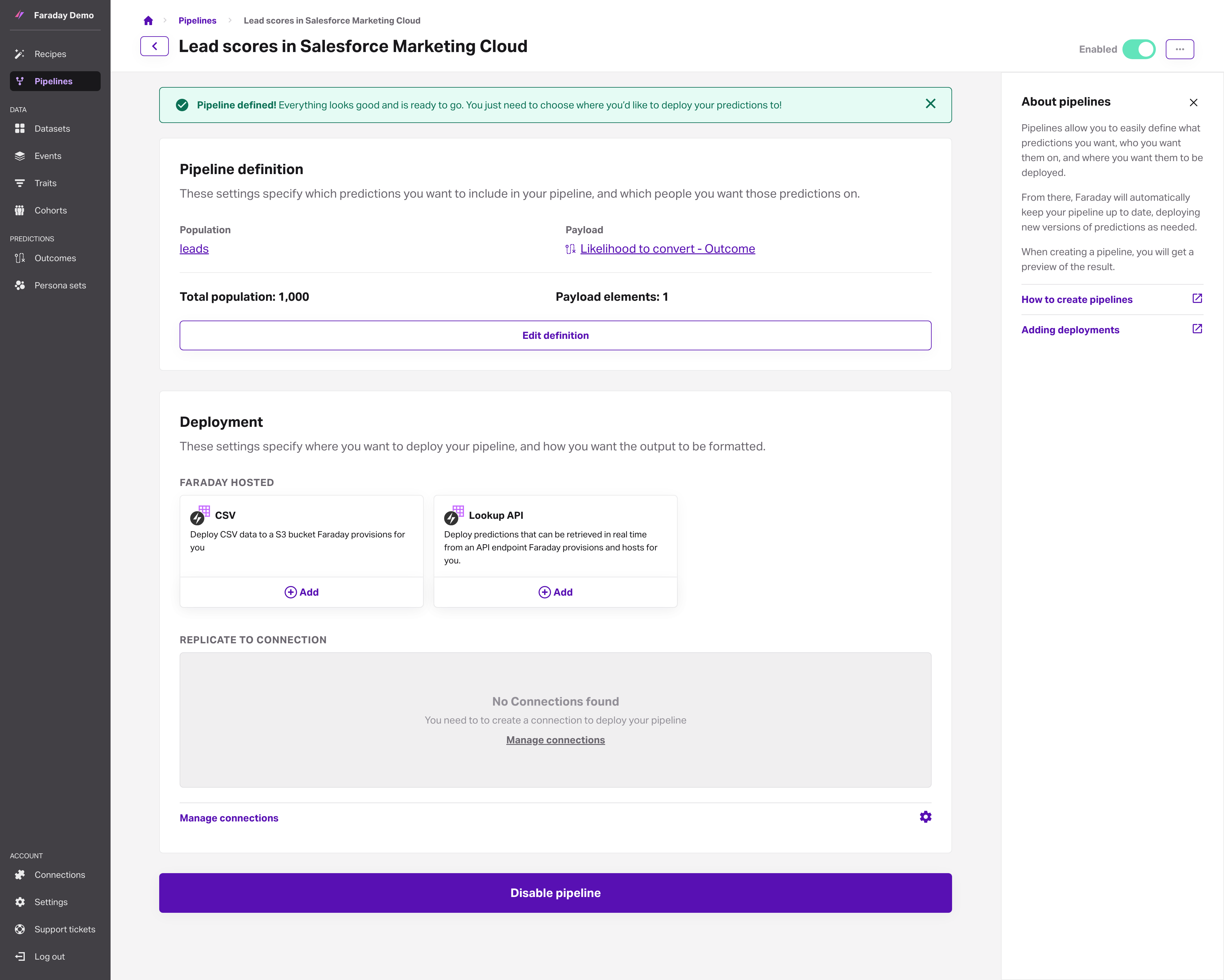 Screenshot of the ready pipeline with no targets yet