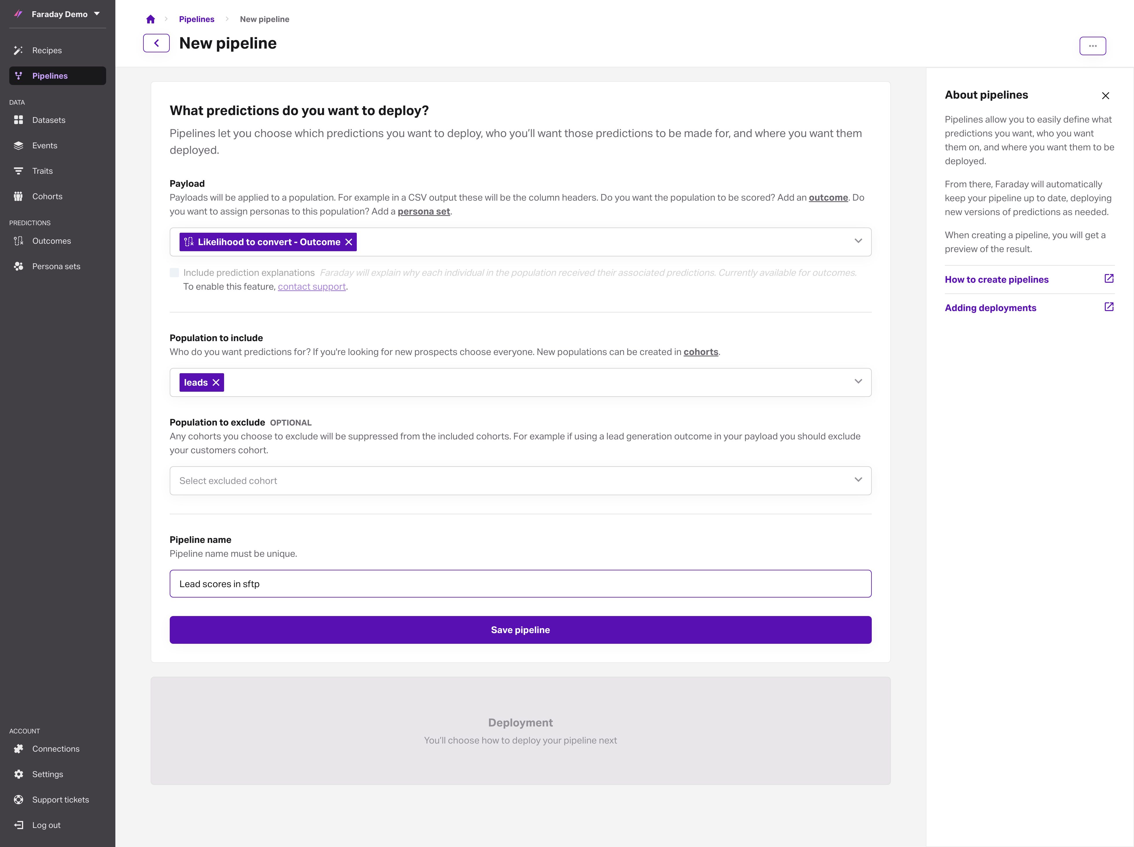 Screenshot of the new pipeline form, filled out
