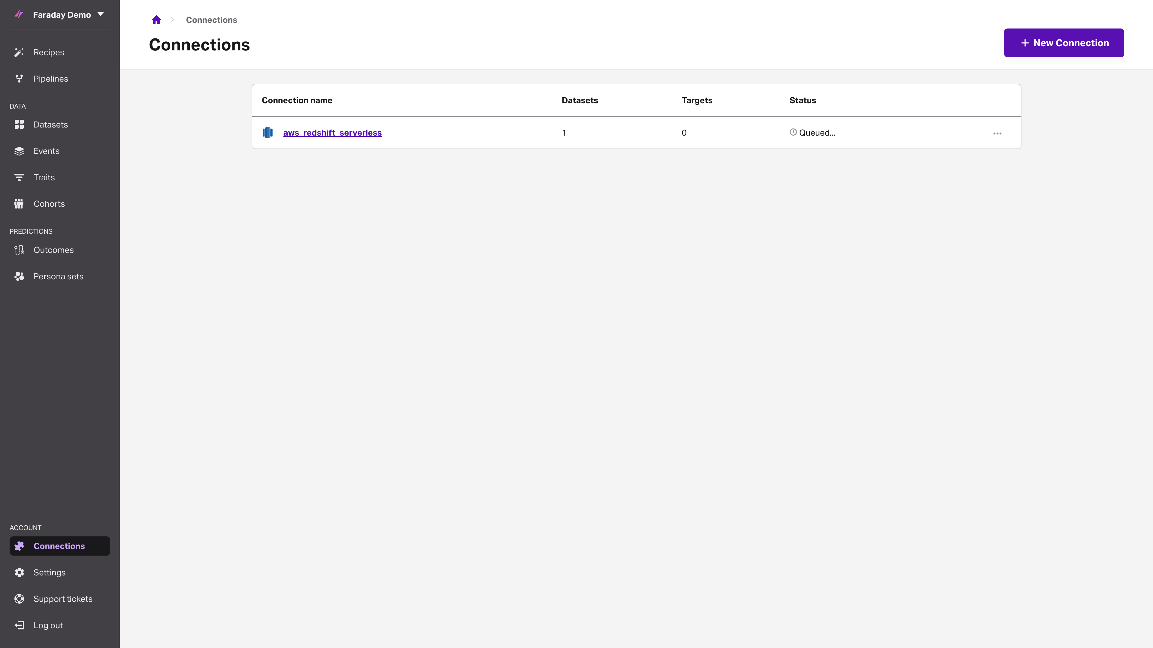 Screenshot of the connections listing that includes Redshift Serverless