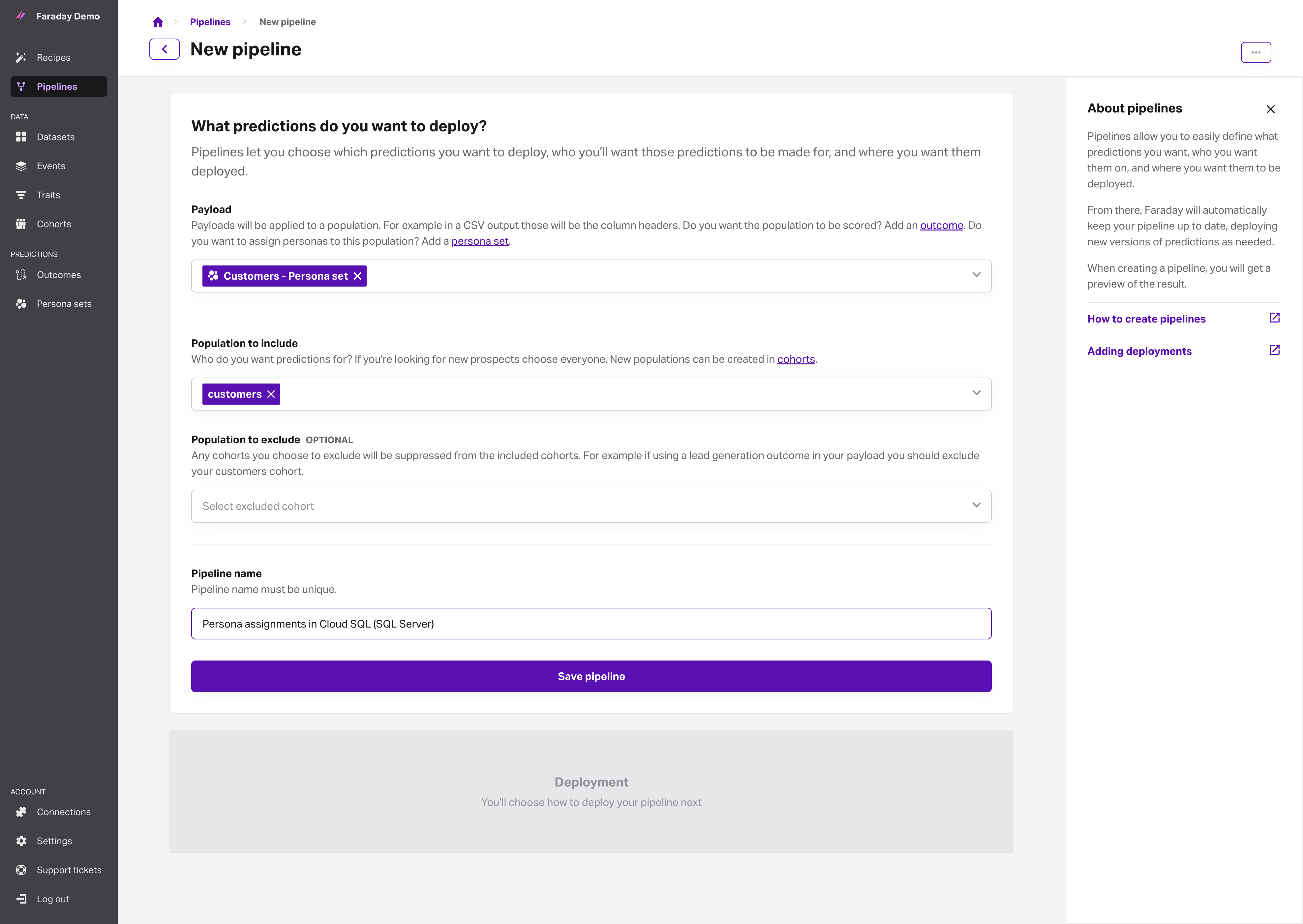 Screenshot of the new pipeline form, filled out