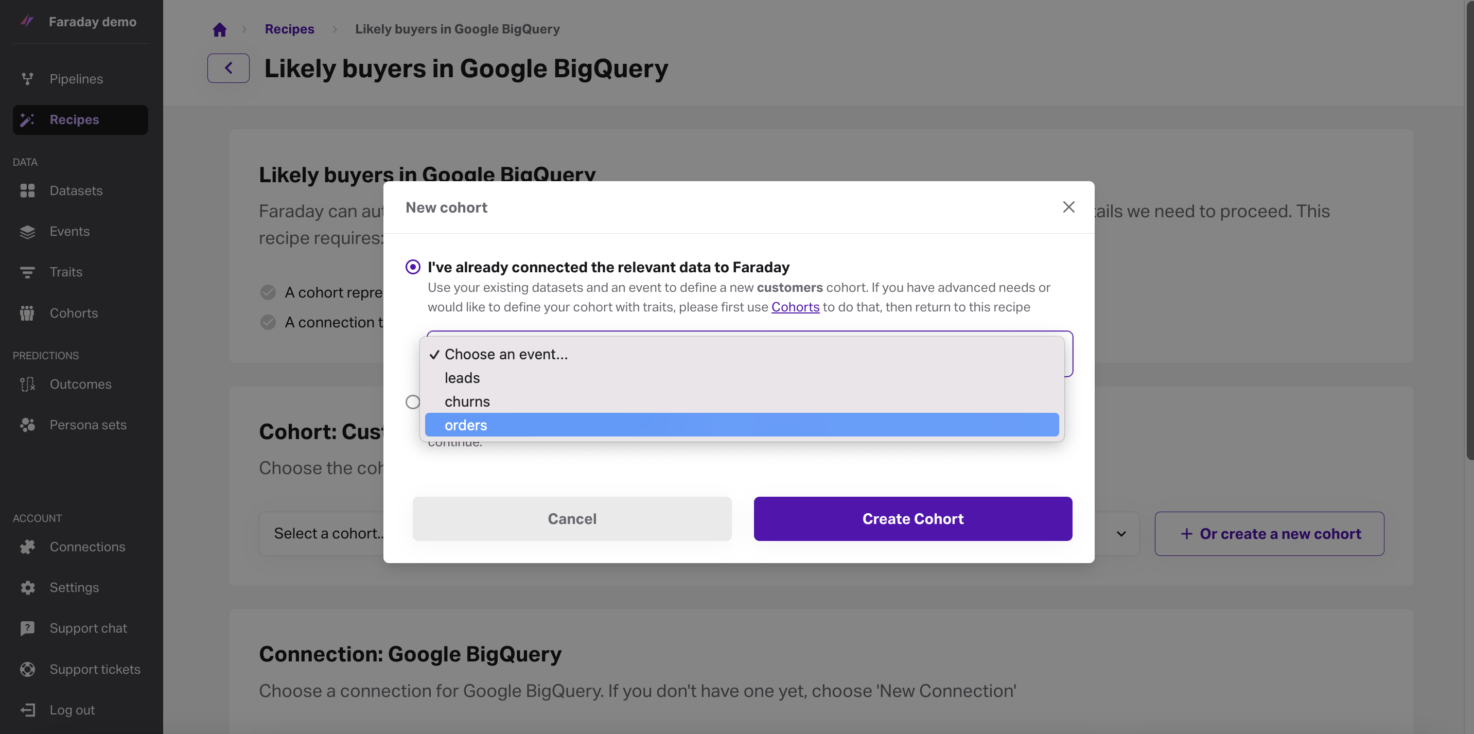 Screenshot of a new cohort in a likely buyers in BigQuery recipe