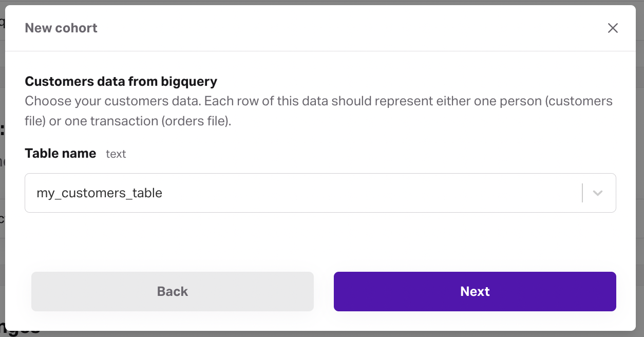Screenshot of a new cohort from existing BigQuery connection