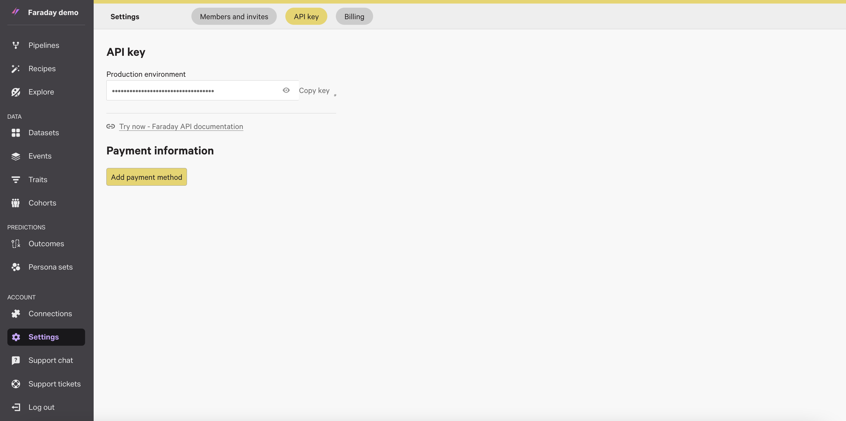 Screenshot of settings API key page